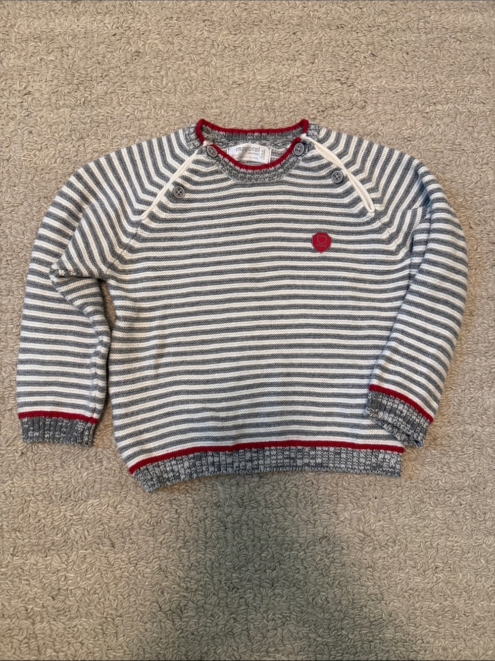 Mayoral Gray & White Striped Crewneck Sweater with Red Trim